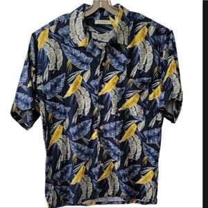 Suma Tropical Hawaiian Shirt size L blue Gray Yellow Palm leaves short sleeves